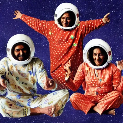 Image similar to indian grandmothers and grandfathers having a pyjama party floating in space wearing spacesuits and helmets