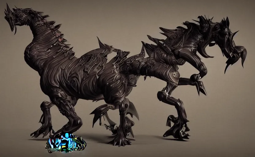 Image similar to a 3d render of a dark fantasy side view of a dark evil undead carousel horse, tim burton, world of warcraft, league of legends