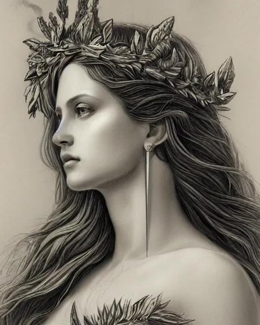 Image similar to pencil drawing of the very beautiful greek goddess aphrodite wearing a laurel wreath with arrowhead earrings, piercing eyes, beautiful flowing hair, hyper realistic face, in the style of greg rutkowski, fantasy, amazing detail, epic, elegant, smooth, sharp focus, young