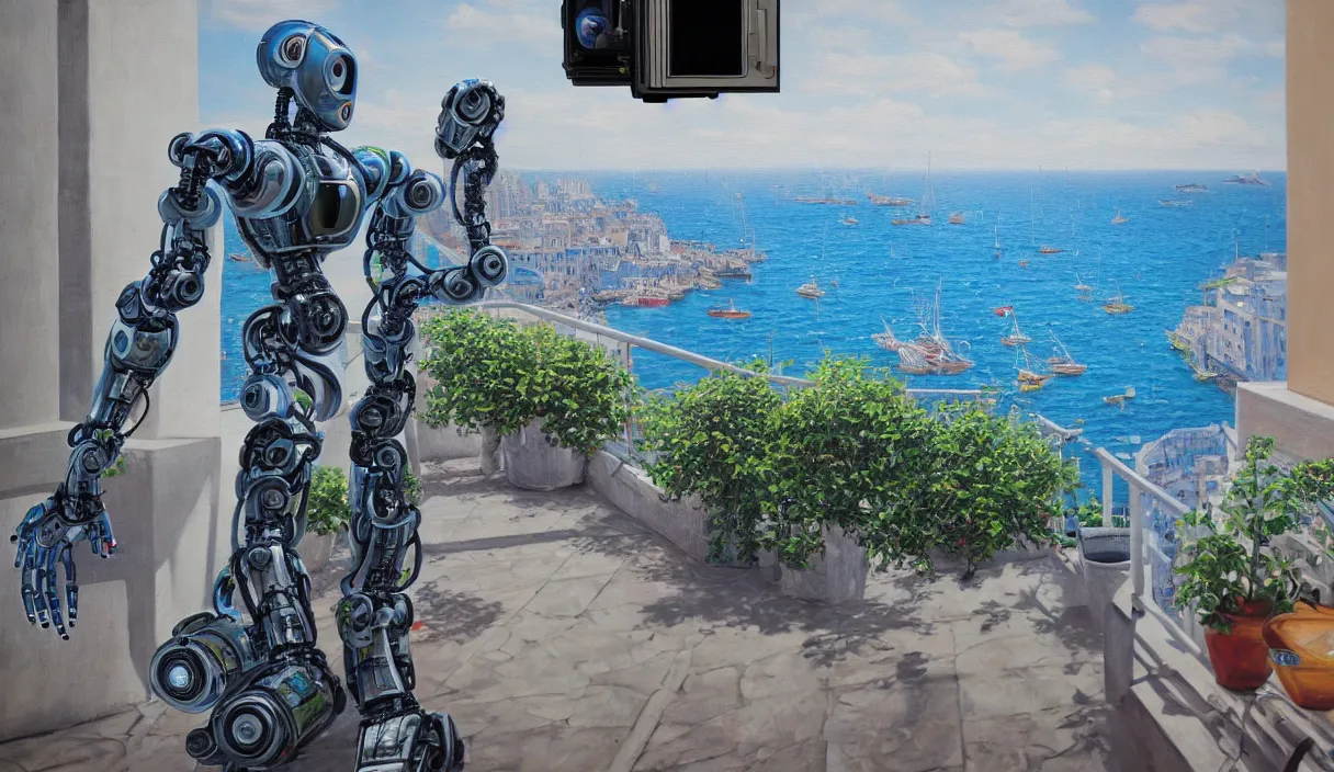 Image similar to an high resolution photo of a robot paiting a picture on a terrace over the see, hyper detailed, phoyography, realistic, art, 8 k, unreal engine, cinematic, shallow focus, f 2. 8 3 5 mm, kodak film, 3 5 mm film