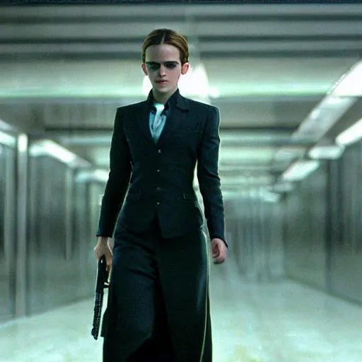 Image similar to Movie still of Emma Watson in Matrix, establishing shot