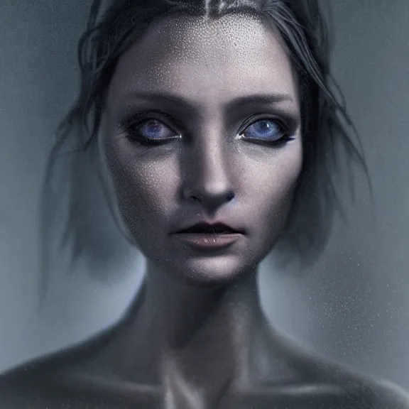 Image similar to a highly detailed 3 d render dark portrait of a woman in the style of chris cunningham and in the style of andrzej dragan, photo manipulation, dramatic lighting, concept art