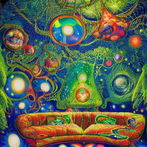 Image similar to psychedelic couch sofa in the lush forest, milky way, designed by moebius, rob gonsalves, gustav dore, giuseppe arcimboldo and carl barks, louis wain, trending on artstation, canada, star, sharp focus, colorful refracted sparkles and lines, soft light, 8 k 4 k