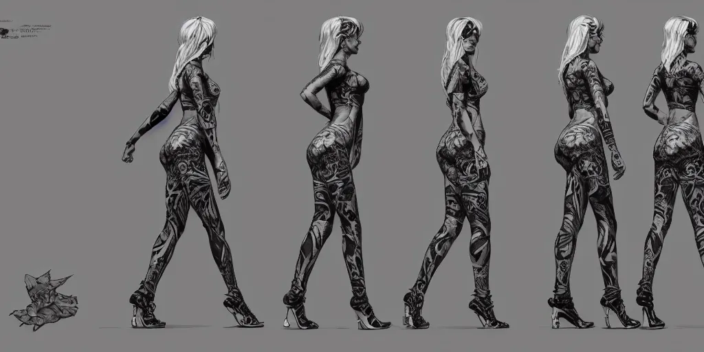 Image similar to tattooed woman walking cycle, character sheet, fine details, concept design, contrast, brigitte bardot, kim jung gi, greg rutkowski, trending on artstation, 8 k, full body, turnaround, front view, back view, ultra wide angle