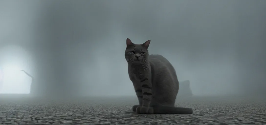 Prompt: an cat in the shape of a skull, foggy, cinematic shot, photo still from movie by denis villeneuve, wayne barlowe