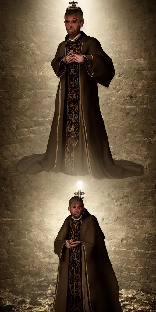 Prompt: !dream a highly realistic and detailed full Priest standing in a dark dirty basement holding a rosary, wide angle 70mm lens, volumetric haze, front facing camera, symmetrical, photorealistic, insanely detailed and intricate, epic, hyper realistic, elegant, ornate, elite, horror, creepy, ominous, haunting, cinematic lighting, unreal engine, cinematic centered camera, high detail, no blur, unreal engine 8k