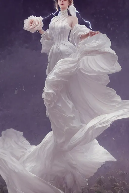 Image similar to beautiful woman dressed in a vaporous wrapped large victorian white roses silk semi-transparent dress fashion is running, D&D, fantasy, intricate, elegant, highly detailed, digital painting, trending on artstation, concept art, matte, sharp focus, illustration, art by Artgerm and Greg Rutkowski and Alphonse Mucha, instagram model