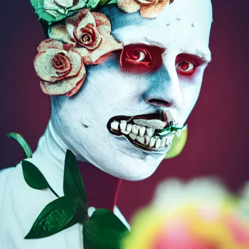 Image similar to portrait of Leather Face with flowers, cinematic light, cinematic atmosphere