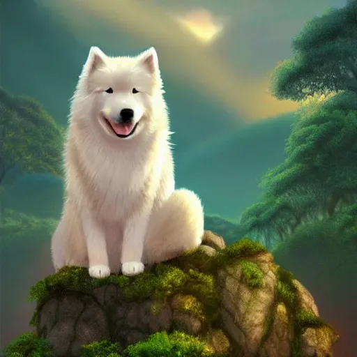 Prompt: a samoyed dog seated on a rock in a jungle!, mist, tropical trees, vines, birds, sunset!, fluffy clouds, warm colors, beautiful lighting, digital art, intricate details, trending on artstation