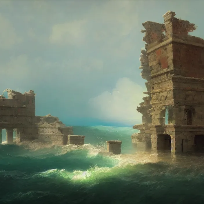 Image similar to a beautiful painting of ruins on the sea by ivan aivazovsky and zdzisław beksinski and rene magritte and greg rutkowski and james gurney, in style of digital art. hyper detailed, sharp focus, soft light. octane render. ray tracing. trending on artstation