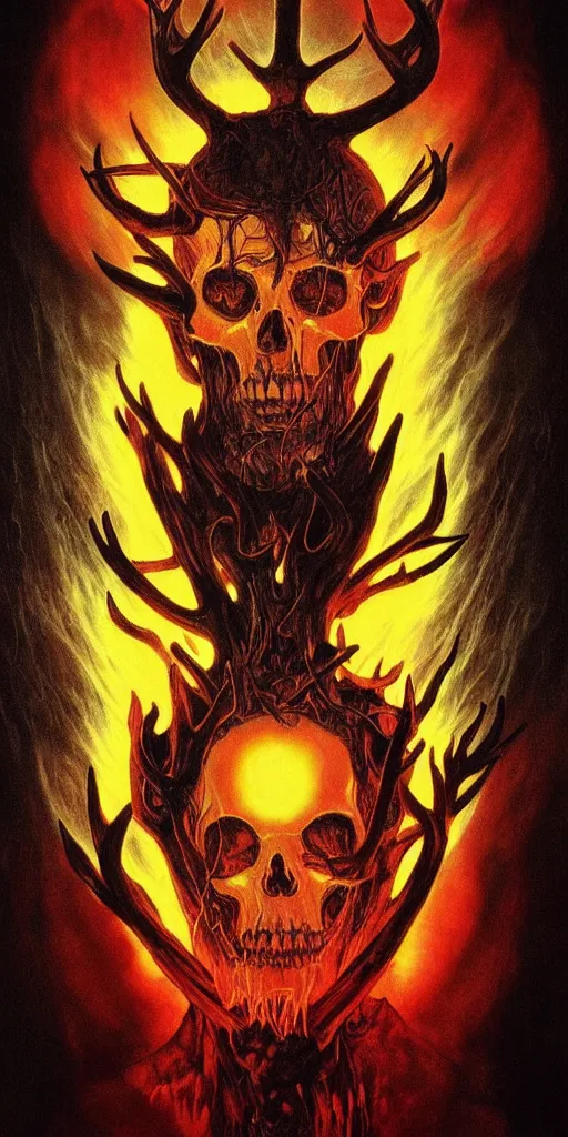 Image similar to intense glowing black metal pagan god with antlers and intense glowing white eyes with a skull on fire in very dark void by artgerm and beksinski and alphonse mucha, portrait, fantasy, clear, fire, light beams, lens flare, intense, uhd, amazing depth, cinematic lighting, black and red and intense orange and yellow