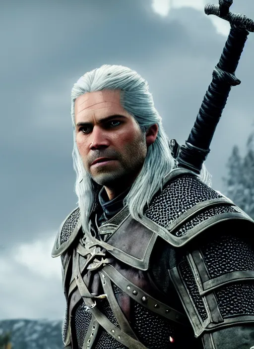 Image similar to film still of paul walker as geralt of rivia in the witcher 3, gameplay, 8 k, hd