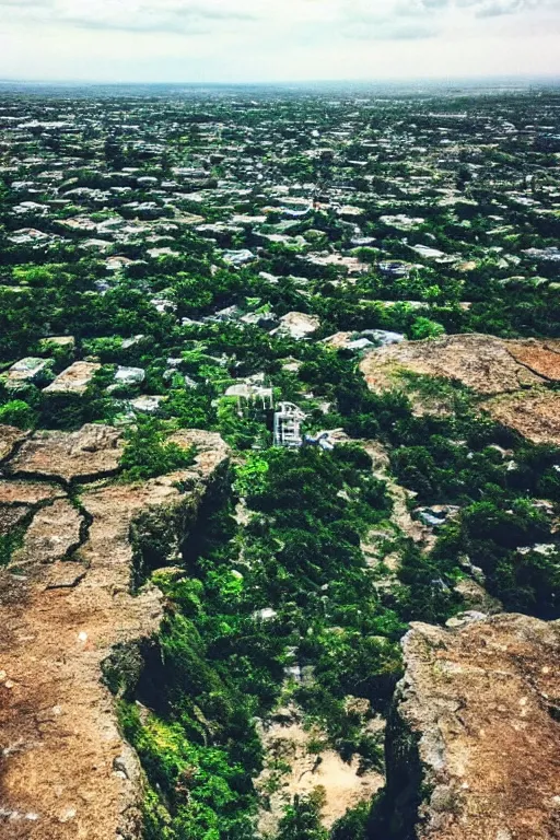 Image similar to dead city, blue sky, green scull look down, nature,