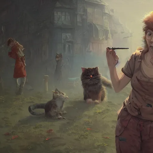 Image similar to character concept art of a haggard crazy cat lady, key visual, realistic shaded perfect face, fine details, dystopian environment and background, by stanley artgerm lau, wlop, rossdraws, james jean, andrei riabovitchev, marc simonetti, and sakimichan, trending on artstation in disco elysium