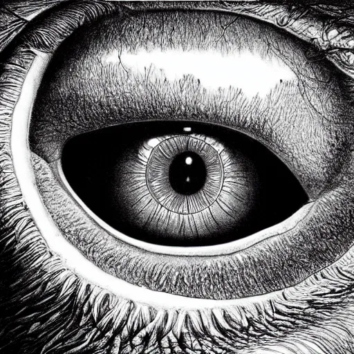 Image similar to hyperrealism photo - realistic lifelike photography photorealistic hyperrealism realistical close - up of an eyeball and inside the pupil is a mountain range landscape and scenery highly detailed ultra psychedelic by alex grey greg rutowski james gurney gustave dore michaelangelo davinci