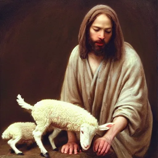 “Wallace Shawn as Jesus petting a lamb highly detailed | Stable ...