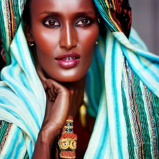 Prompt: somali model, waris dirie, warsan shire, beautiful, somali attire, vintage, intricate