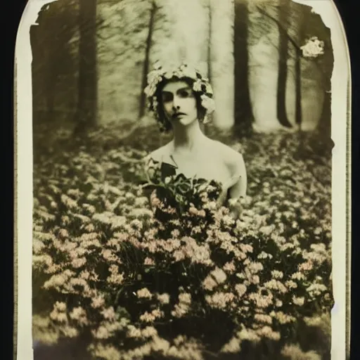 Image similar to portrait of a beautiful woman covered in flowers, Forest, ray gods, 1910 polaroid photography