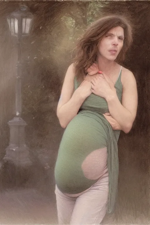 Image similar to very frightened pregnant woman under street light, jeans and sweater, by Alyssa Monks, Bouguereau