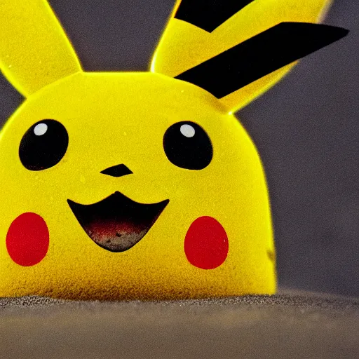 Image similar to The face of Pikachu appearing in shards of broken pottery, 8K resolution photo