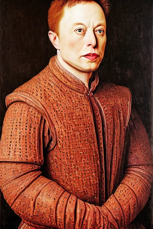 Image similar to portrait of elon musk, oil painting by jan van eyck, northern renaissance art, oil on canvas, wet - on - wet technique, realistic, expressive emotions, intricate textures, illusionistic detail