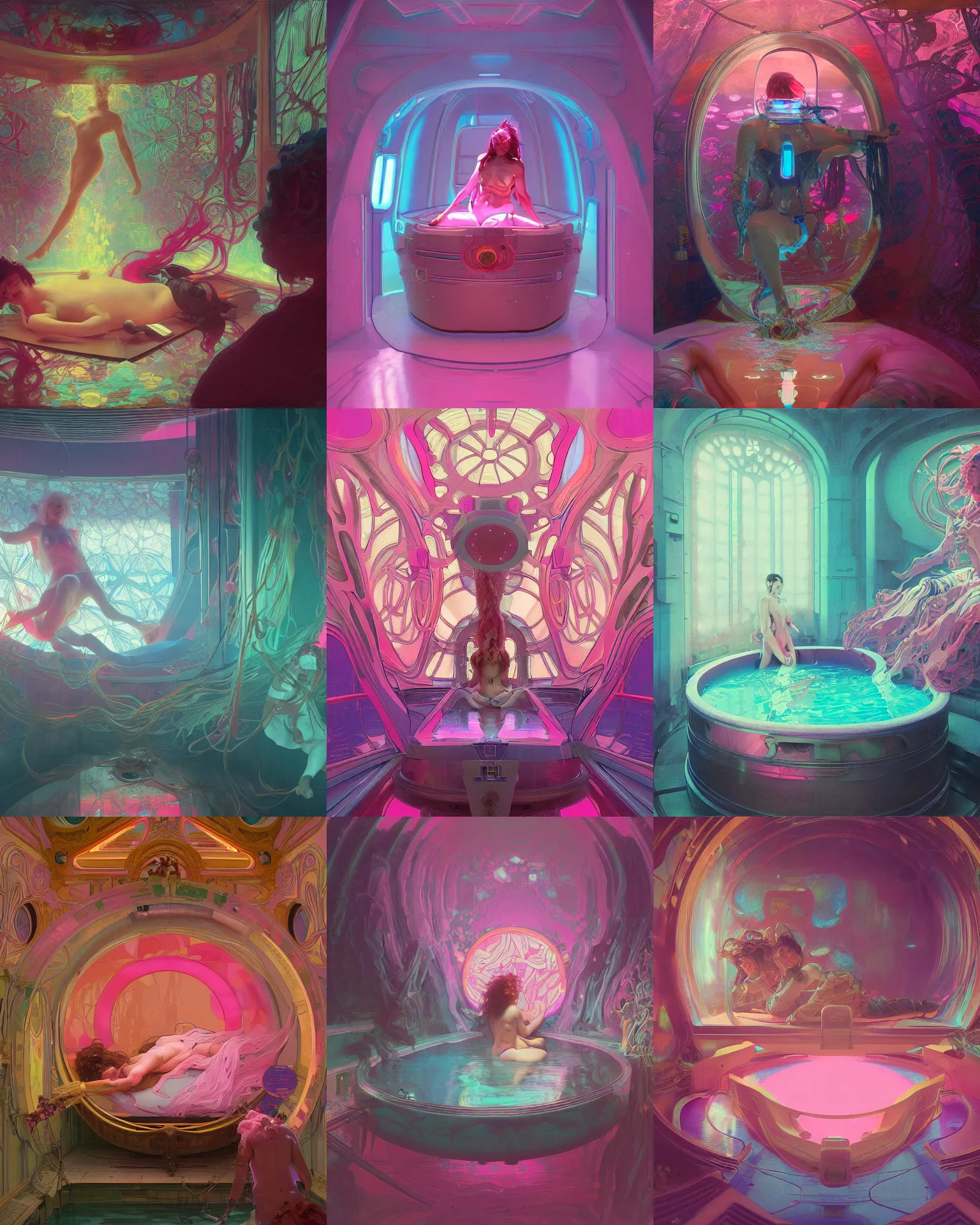 Prompt: interior of a Sensory deprivation tank filled with glowing pink water, Cross section, Claustrophobic, seapunk Mecha , vaporwave , digital art, artstation, by WLOP, Ilya repin, alphonse mucha., Very highly detailed 8K, octane, Digital painting, the golden ratio,