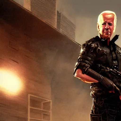 Image similar to joe biden as an evil T-800, dramatic lighting, cinematic, establishing shot, extremly high detail, photorealistic, cinematic lighting, artstation, style by James Gurney