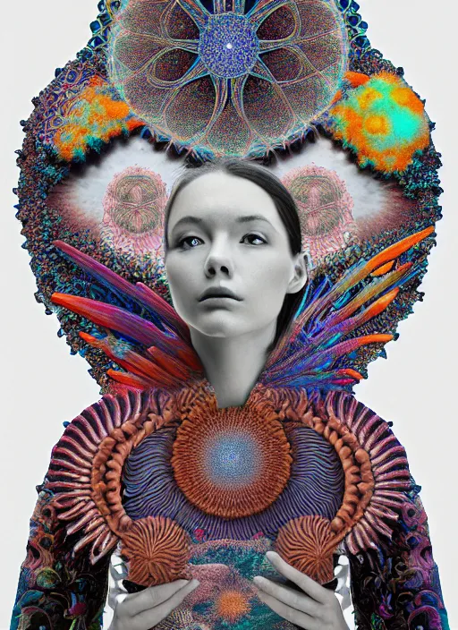 Prompt: ridiculously beautiful young woman tripping, thinking, psychedelics, nature, coral, birds, symmetrical, in the style of ernst haeckel, effervescent, sacred geometry, warm, surrealism, photo realistic, epic and cinematic,