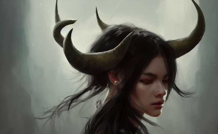 Prompt: a painting of aki trending on artstation in the style of greg rutkowski, beautiful, sensuality, natural, horns on head, long black hair, portrait