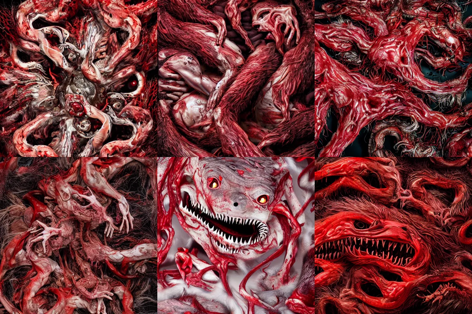 Prompt: an ultra-detailed high-quality photo of twisted animals melting together, forming a blood-red livid amorphous mass of body horror, oozing blood, slimy, reflective, composed of random limbs, patches of fur, eyes, teeth, and intestines falling out and slithering away