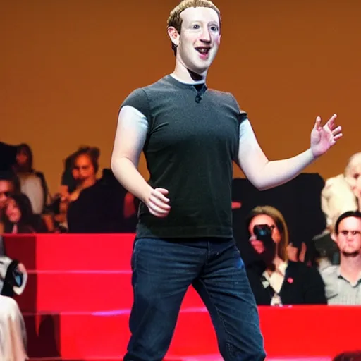 Prompt: mark zuckerberg in drag on stage, he is fulfilling his dreams, spotlight, beautiful, elegant, wide shot, live on stage, extreme detail