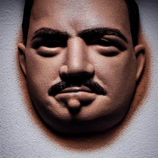 Image similar to close up portrait, a face made of coffee made of pablo escobar, studio lighting