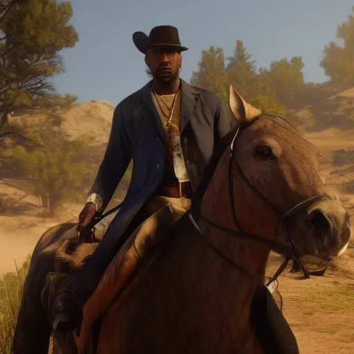 zesty-seal663: Arthur Morgan from Red Dead Redemption 2 riding his horse  across the country