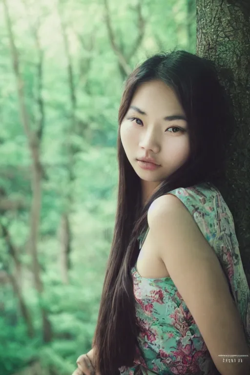 Prompt: analog photograph of an beautiful asian girl, deep wood on background, detailed