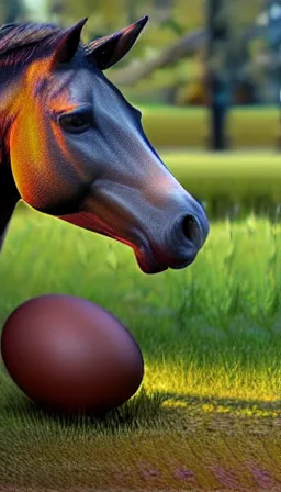 Image similar to horses lay eggs, photorealistic!!!, award winning, 4 k, ultra hd, octane rendering, unreal 5 engine