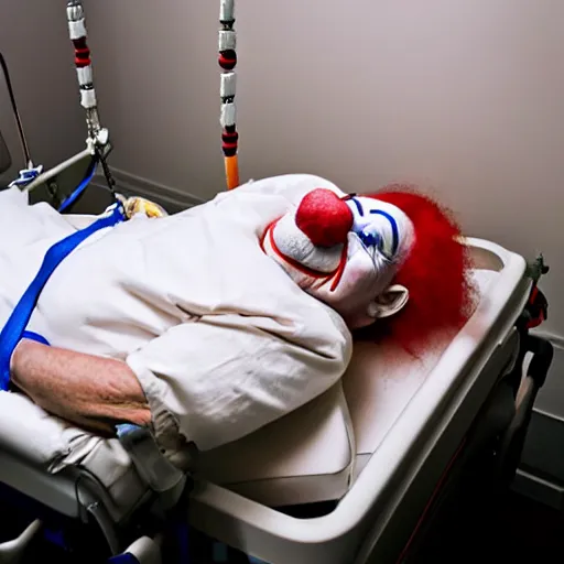 Image similar to crazy elderly clown supine in hospital bed, strapped into bed with restraints, photograph