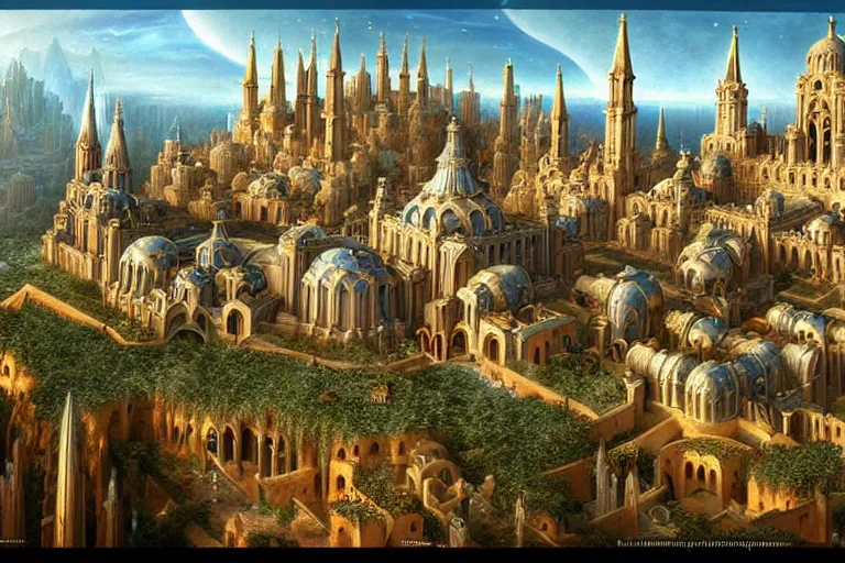 Image similar to a beautiful stunning insanely detailed fantasy matte painting of a byzantine cathedral city buzzing with activity and magical creatures by Heironymous Bosch and Jim Burns and James Gurney