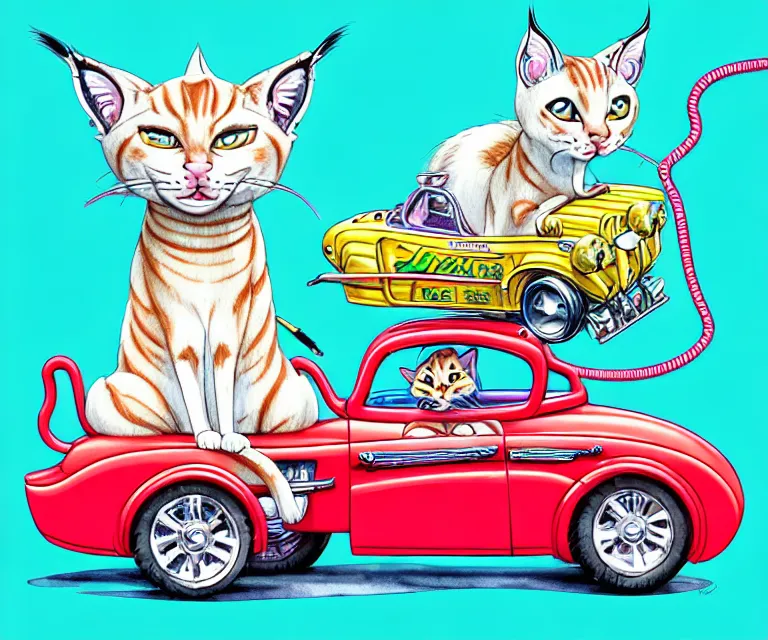 Prompt: cute and funny, lynx point siamese wearing a helmet riding in a hot rod with an oversize engine, ratfink style by ed roth, centered award winning watercolor pen illustration, isometric illustration by chihiro iwasaki, edited by range murata, tiny details by artgerm and watercolor girl, symmetrically isometrically centered, sharply focused