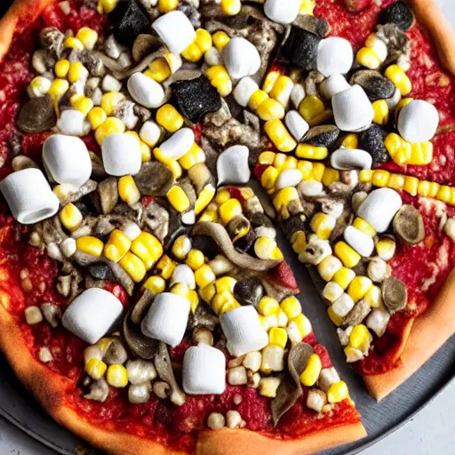 Image similar to A pizza with marshmallows, sardines, and corn as toppings