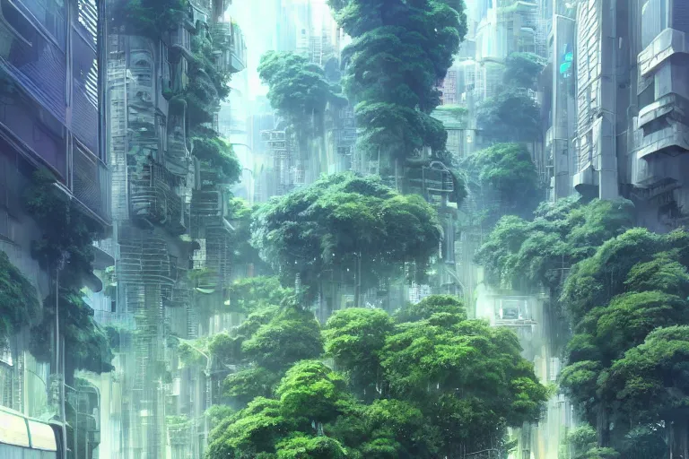 Image similar to futuristic city, lush vegetation, humid, early evening, cloudy, beautiful, dull pastel colors, realistic, hyper detailed, octane render, trending on artstation by yoshitaka amano and makoto shinkai, studio ghibli style