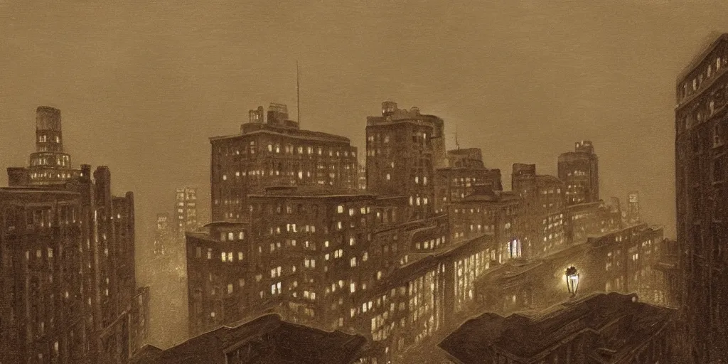 Prompt: a realistic rooftop sepia - toned painting of 1 9 2 0 s downtown boston at night in the rain, dark, brooding, atmospheric, lovecraft