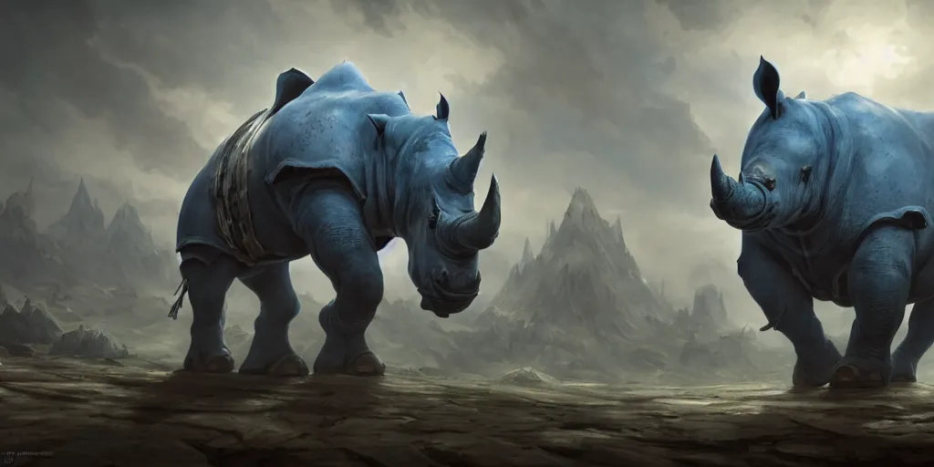 Image similar to an anthropomorphic blue Rhinoceros wearing plate paladin armor, forward facing angle, concept art, character design, stunning 3d render , art by Tooth Wu and justin gerard and Blizzard studios, dim volumetric lighting, 8k octane beautifully detailed render, post-processing, extremely hyperdetailed, intricate complexity, epic composition, grim yet sparkling atmosphere, masterpiece, trending on artstation