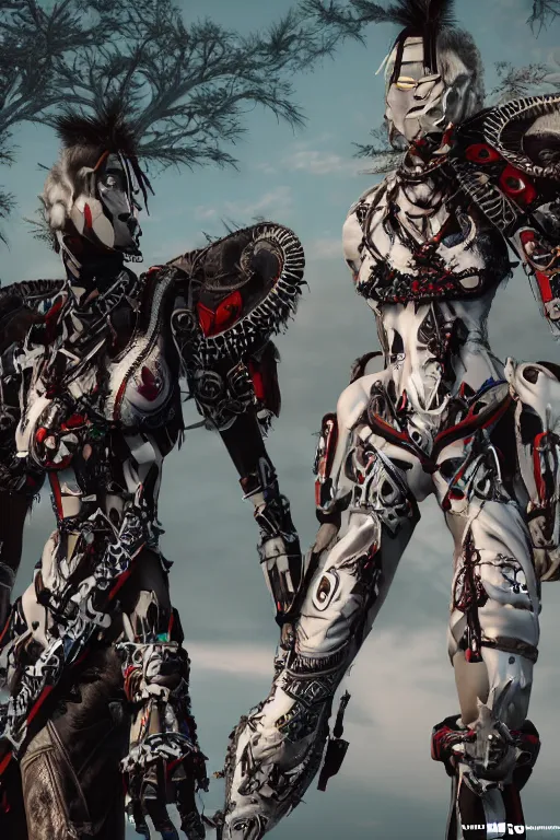 Image similar to white cyborg fashion shot, male maasai punk warriors, fractal decorations, savannah background, unreal engine, trending on artstation,