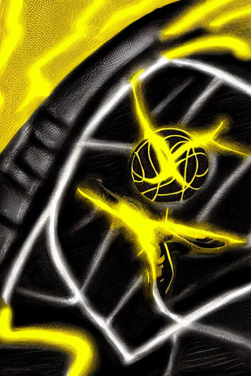 Image similar to glowing black basketball sneaker, wth short golden lines, yellow details, symmetrical, highly detailed, digital art, sharp focus, trending on art station, samurai, electricity superpowers, anime art style