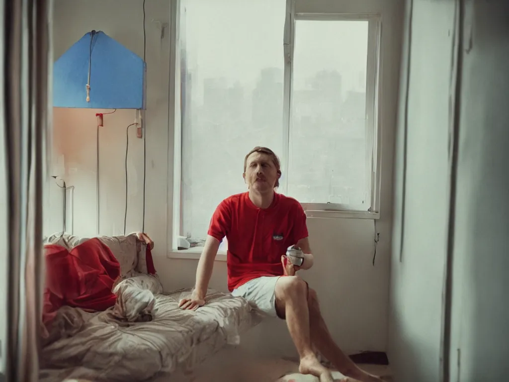 Prompt: single man sitting by the window, smoking a cigarette, blue shorts, red adidas shirt, bedroom, small fan, night, dimly lit, in the style of wes anderson, no double figure