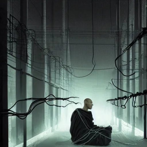 Prompt: monks kneeling with wires connecting them to a computer, Machines and wires everywhere, neon lights, creepy, dark shadowy surroundings, dystopian scifi, horror, Stefan Koidl inspired