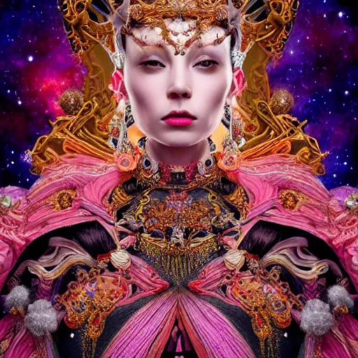 Image similar to a beautiful empress portrait, with a brilliant, impossible striking big cosmic galaxy headpiece, clothes entirely made out of cosmos chaos energy, symmetrical, dramatic studio lighting, rococo, baroque, jewels, asian, hyperrealism, closeup, D&D, fantasy, intricate, elegant, highly detailed, digital painting, artstation, octane render, 8k, concept art, matte, sharp focus, illustration, art by Artgerm and Greg Rutkowski and Alphonse Mucha