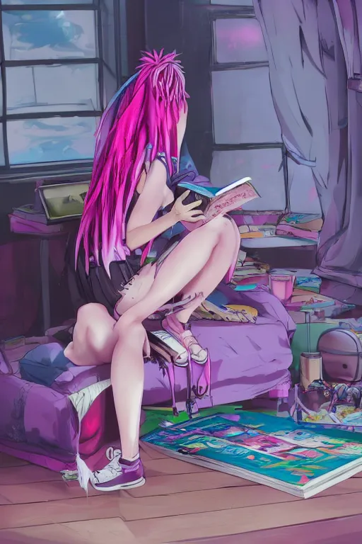 Prompt: concept art painting of an anime cybergoth girl with pink dreads on the floor reading a book in a cluttered 9 0 s bedroom, toon shading, cel shading, trending on artstation, fantasy concept art, stunning visuals, creative, cinematic, vaporwave colors, rendered by substance designer, lifelike,