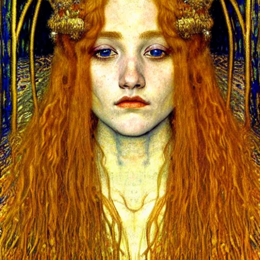 Image similar to detailed realistic beautiful young medieval queen face portrait by jean delville, gustav klimt and vincent van gogh, art nouveau, symbolist, visionary, gothic, pre - raphaelite, muted earthy colors, desaturated