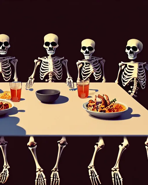 Image similar to last supper, all skeletons, true anatomy, artstation, unreal engine 5, octane rendered, by ilya kuvshinov, greg rutkowski and makoto shinkai, trending on artstation